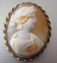 Victorian Light Carnelian 3 colors shell Roman woman portrait. Gold filled “twisted rope” Brooch circa 1840.