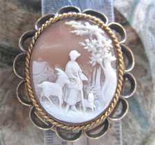 Signed Victorian shell - pastoral scene shepherd girl with the sheep Huge tested by the jeweller 14K+ Gold Brooch circa 1860