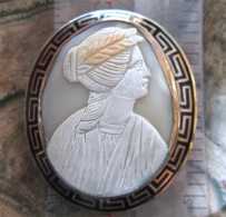 Woman with wreath-18 century circa 1790 Georgian carving light shell Unmarked/tested Low Carats Yellow Gold Brooch w/Greek ornament.