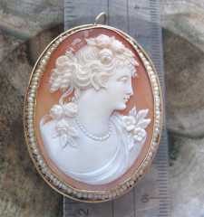 Circa 1935 Museum Quality carved & signed by the Artist shell Huge tested 14K Yellow Gold with natural pearls Brooch/Pendant