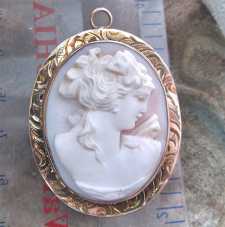 Intricate High relief Coral carving Beauty Psyche-Goddess of Sex Marked 10K Yellow Gold Brooch/Pendant Circa 1900 - 1910.