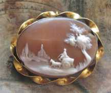 Greatly carved Sardonyx Victorian shell scene of landscape with chariot Tested 14K Yellow Gold Brooch/Pendant circa 1880