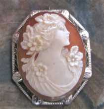 Hand carved Carnelian Museum Quality shell profile from 1925-1930. Hallmarked 14K White Gold Brooch/Pendant. Signed by Artist