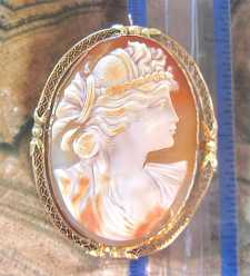 Outstanding Huge Edwardian shell carved circa 1910 Beauty Hallmarked 10K Yellow Gold filigree Brooch/Pendant.