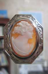 Petite hand carved Vintage Carnelian shell circa 1930 Marked/Signed 10K White Gold brooch.
