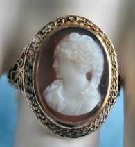 Antique Victorian (circa 1875 ) Rear Orange Agate Cameo Ring in solid 10K Yellow Gold Filigree setting