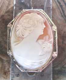 1920th Art Nouveau Stylish Lady- Great hand carved Museum shell Hallmarked 14K White Gold filigree Brooch/Pendant.