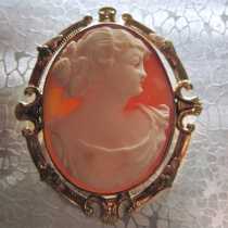 Quality Hand carved carnelian shell profile from 1930th. Marked 10K Yellow Gold Filigree Brooch/Pendant.