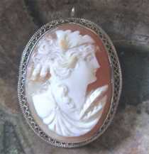 Ceres Goddess - Quality Hand carved shell from 1925-1930. Set in Marked 14K White Gold Filigree Brooch/Pendant.