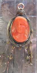 Victorian Art Nuoveau, high relief carved Red Coral lovelier Circa 1890 tested 14K Solid Yellow Gold Pendant.