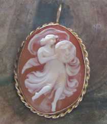 Selene, Goddess of the Night carved Carnelian from 1925-1935. Shell set in 14K Yellow Gold US Brooch/Pendant.