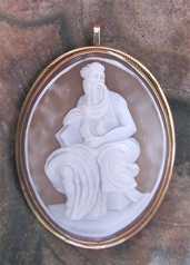 Hand carved Moshe (Moses) Michelangelo Sardonyx Shell Marked 14K Yellow Gold pendant/brooch. Signed by Artist