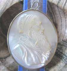 Hand carved Mother Pearl profile of Medieval time Scientist or Rav Huge Unmarked filigree 1OK Yellow Gold pendant circa 1880