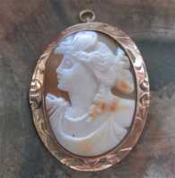 Classic Psyche Goddess of Soul - Hand carved shell circa 1910. Set in unmarked/tested 10K Yellow Gold Brooch/Pendant.