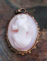 Carved Edwardian Psyche - signed Angel Skin or Coral Stone Unmarked/Tested Classic - 10K Yellow Gold pendant.