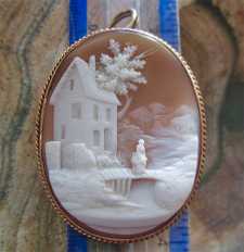 Carved & Signed Victorian shell - scene woman at the house & bridge Huge tested by the jeweller 14K+ Gold Brooch/Pendant circa 1870