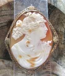 Museum Quality hand Carved & Signed shell - Goddess Diana circa 1895 The Big Hallmarked filigree 10K Yellow Gold Brooch/Pendant Cameo