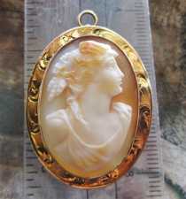 Edwardian hand carved multicolored beauty shell - Psyche Goddess. Hallmarked 10K Rose Gold Brooch/Pendant. Circa1 1910-1920.