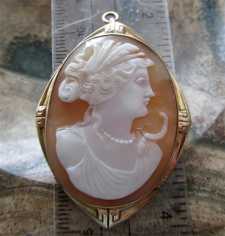 Edwardian Art Deco shell - Demeter Goddess of Fertility circa 1915 Unmarked/tested 10K+ Yellow Gold Greek brooch/pendant.