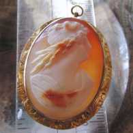 Goddess of Hunting & Purity Diana- Hand carved Multicolored signed shell. Set in hallmarked 10K Yellow Gold Brooch/Pendant circa 1910.