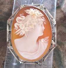 Late Edwardian Classic carved Carnelian shell from 1920th Hallmarked 14K White Gold filigree brooch/pendant.