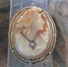Hand carving Muse - shell with European cut diamond necklace The Big Art Deco filigree 10K Gold Brooch/Pendant. Circa 1925