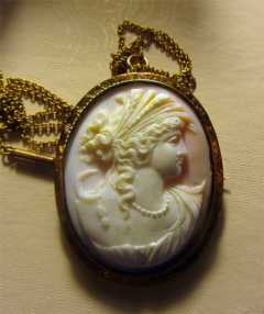 Victorian solid 10K Gold (at least) Angel Skin Coral Cameo Pendant/Brooch Bezel & 21” 10K Gold Chain, circa 1890