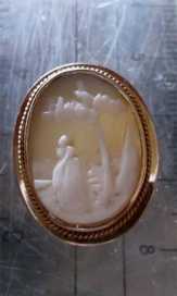 Well hand carved Antique Classic - woman at the tree landscape Circa 1870 Unmarked/Tested by jeweler 14K Yellow Gold brooch.