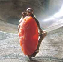 Ring Size 6 Antique Carved Red Coral Cameo Art Nouveau Museum 10K Yellow Gold with Single Cut Diamond.