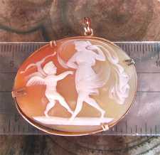 Circa 1880 carved/signed shell - image of dancing Venus & Cupped. Tested by my jeweler as 14K Yellow Gold Pendant.