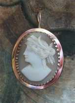 Carved Edwardian Sardonyx shell Dimetria Goddess Unmarked/Tested - 10K Yellow Gold circa 1910.