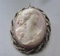 Museum deep carved Coral stone - Selene Goddess of Moon Marked 10K Yellow Gold with the pearls pendant/brooch