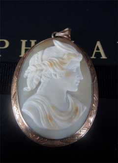 Museum Quality Estate 14K Yellow Gold Engraved Frame Cameo Pendant • from Carreras Jewelry