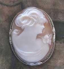Carved & Signed Post-Edwardian shell from 1920th-1930th Hallmarked 14K White Gold filigree brooch/pendant.