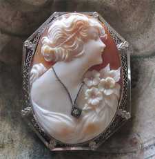 Hand carved/signed shell with diamond necklace Circa 1925 Art Deco filigree 14K White Gold Brooch/Pendant.