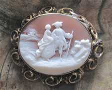Greatly Carved/Signed shell - End of XVIII century pastoral scene. Tested/Fixed by jeweler 14K Yellow Gold brooch.