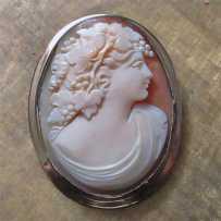 Hand carved shell profile of Bacchante priestess of Dionysus God. Set in unmarked 10K Yellow Gold Brooch circa 1920 - 1935.