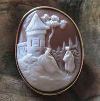 Victorian landscape - women at the tower - great hand carved shell Unmarked/Tested 10K+ Yellow Gold frame brooch, circa 1870-1890
