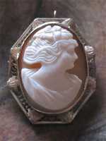 Hand carved Post Edwardian circa 1920th shell. Hallmarked 14K White Gold Brooch/Pendant.