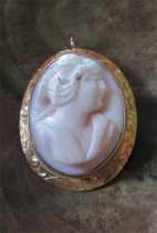 Hand carved Victorian Coral Stone- Psyche Goddess Tested 10K Yellow Gold Brooch/Pendant circa 1895.