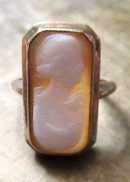Ring Size 4.5, hallmarked 10K Yellow Gold Carved Shell Art Deco woman in rectangle circa 1910 - 1930