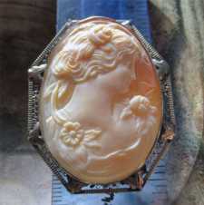 Post Edwardian Museum Quality carved shell/signed 1920-1930 Big hallmarked 14K White Gold filigree brooch/pendant.