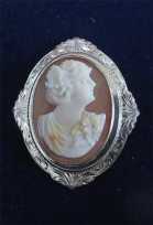 Well carved/signed shell - profile from 1925-1935. Etched design hallmarked 10K White Gold Brooch.