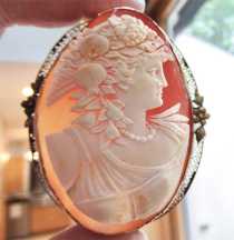 Hand carved HUGE shell - Bacchante or Flora circa 1915-1930. Post Edwardian 10K Yellow Gold Filigree Brooch/Pendant.