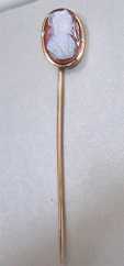 Antique unmarked/tested 10K Yellow Gold stick pin Hand carved Agate stone -Woman's profile circa 1880.