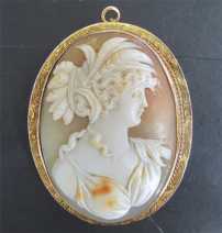 Museum Quality Edwardian Ceres Goddess carved & signed shell Unmarked/tested 10K(or higher) Yellow Gold Brooch/Pendant.