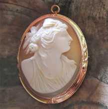 Victorian (circa 1890th) carved shell - Psyche Goddess of Soul. Antique tested 18K Yellow Gold classic Brooch/Pendant.