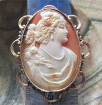 Carved Museum Quality Big Victorian Shell - Flora circa 1875-1895. Hallmarked 9K Rose Gold Filigree Brooch with safety chain.