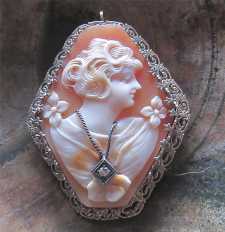 Hand carved Art Deco shell with diamond necklace circa 1920th Hallmarked filigree 14K White Gold Brooch/Pendant.