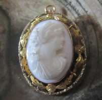 Hand carved Coral stone Ceres - Goddess of Motherhood circa 1890-1920. Hallmarked 10K Yellow Gold Filigree Brooch/Pendant.